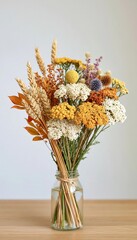 Obraz premium Natural Autumn Bouquet in a Transparent Glass Vase Arranged Indoors for Cozy Home Living Decor