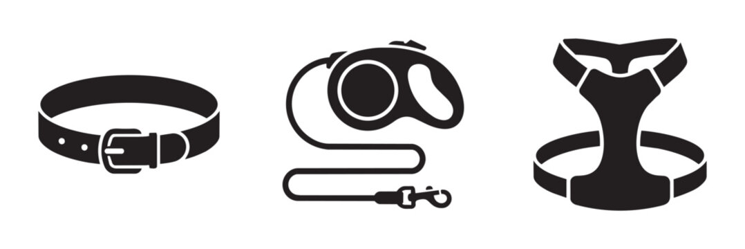 Pet Accessories Collection: Dog Collar, Retractable Leash, and Harness Icons. Essential Dog Gear Vector Set for Animal Care and Training.