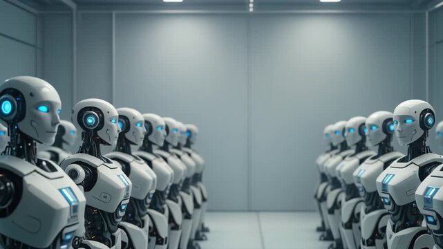 Rows of Humanoid Service Robots Subtly Turning Heads in a Sterile Futuristic Robotics Facility, Full HD AI and Automation Concept