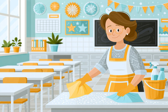 teacher preparing a welcoming classroom with grouped desks and colorful educational decorations without readable textbright commercial style