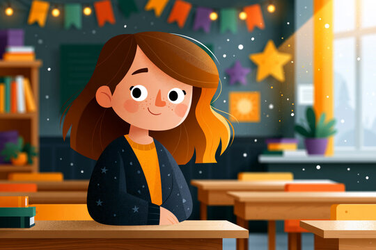 teacher preparing a welcoming classroom with grouped desks and colorful educational decorations without readable textbright commercial style