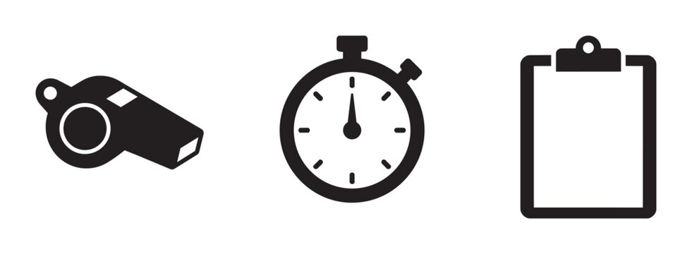 Sports Coaching Icons: Whistle, Stopwatch, Clipboard Set, Coaching Tools, Referee Equipment, Game Management