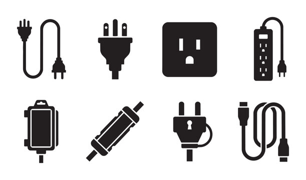 Electrical Plugs and Sockets Collection, Power Adapters and Connectors Set, Vector Icons for Energy and Technology