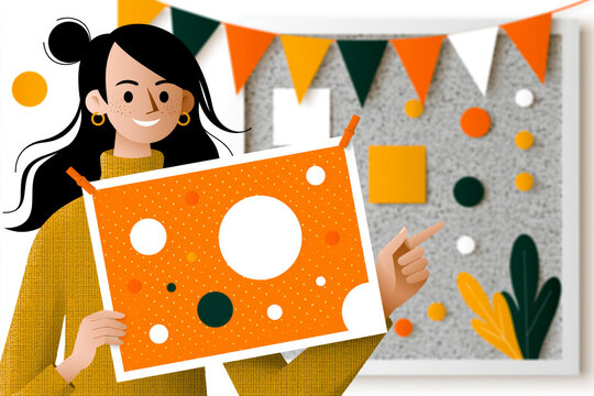 teacher preparing classroom bulletin boards with colorful decorative elements without readable textbright welcoming atmosphere