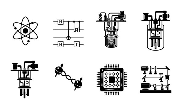 Quantum Computing Icons, Circuitry, and Atomic Models, Science Vector Set