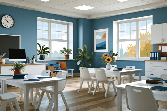 tidy classroom arranged for group projects with clustered desks and organized teacher station, clean commercial illustration, no people