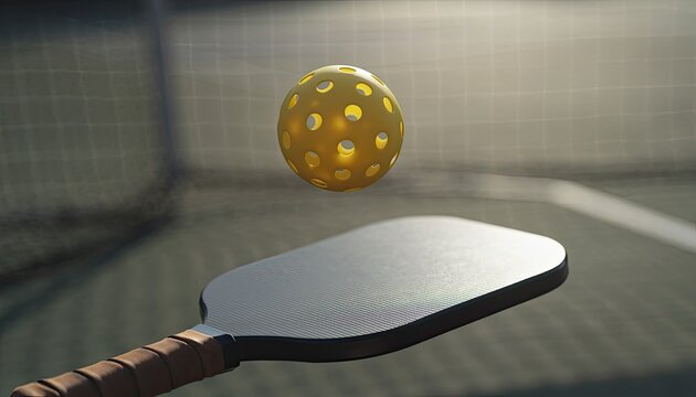 A pickleball paddle and ball are poised for action on a court.