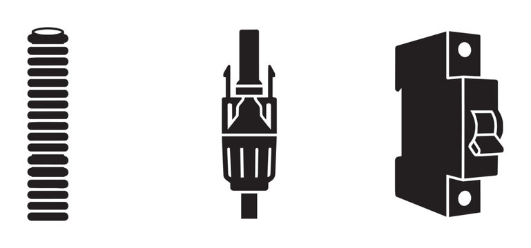 Electrical Components: Corrugated Conduit, MC4 Connector, Circuit Breaker Icons for Power Systems