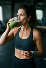 Obraz premium Healthy lifestyle and fitness nutrition, athletic woman drinking green smoothie after workout in gym for wellness recovery and post exercise hydration