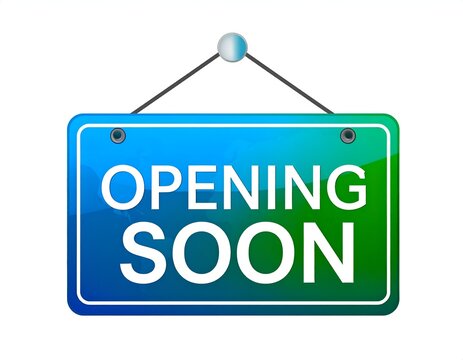 Gradient green opening soon rectangular hanging sign.