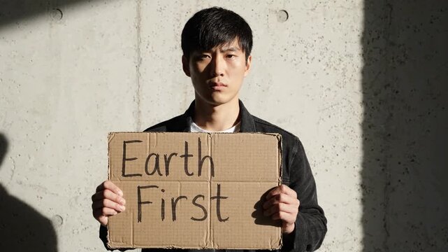 A young man stands solemnly against a concrete wall, holding a cardboard sign that reads "Earth First" in a plea for environmental awareness and climate action.