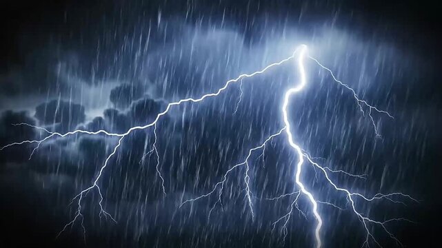 Dramatic lightning bolt striking through heavy rain during a powerful nighttime thunderstorm with dark clouds and intense electrical discharge