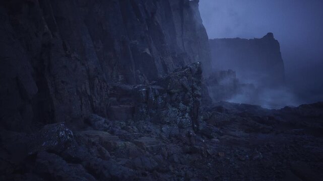 hidden rocky cove at dusk fog creating secretive mood with sheltered basin puddles and basalt walls framing distant surf and low light silhouettes