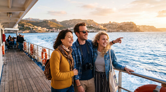 Group of Happy Friends Enjoying Cruise Boat Tour Along Coastal Landscape