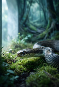 Wildlife conservation and biodiversity, snake in natural forest habitat with tongue flicking for sensory perception in wild ecosystem and nature
