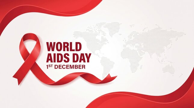A gracefully flowing red awareness ribbon prominently featured against a subtle world map pattern and elegant red wave accents, with bold text 'World AIDS Day 1st December