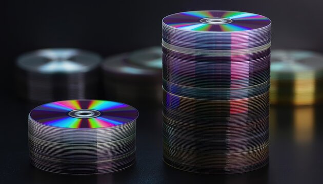 Stacks of CDs with rainbow reflections on a dark background.