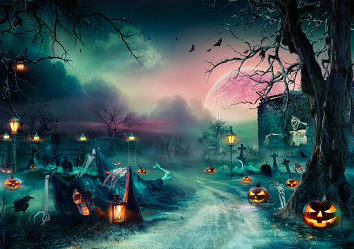 Halloween Landscape - Graveyard With Zombie In Spooky Night With Full Moon