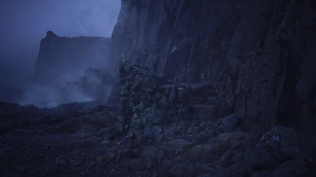 stormy cliff approach with jagged rocks, foreboding basalt walls rising from shoreline, wet formations leading eye toward misty headland, raw geological drama