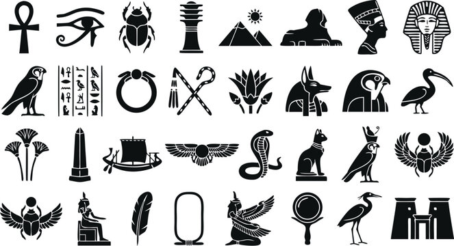 Ancient Egyptian Hieroglyphs and Sacred Mythology Icon Set with Pharaoh, Anubis, Scarab, Pyramids, and Historic Cultural Symbols for Vector Design Layouts