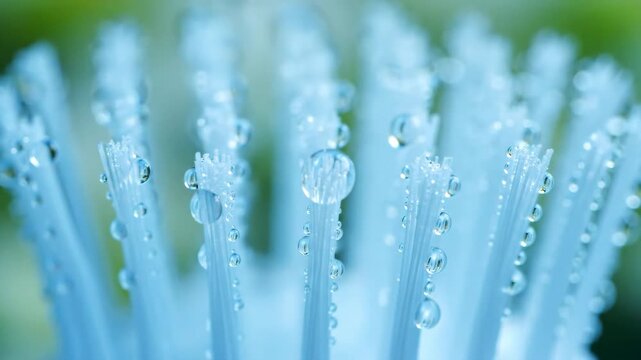 Close-up of water droplets on light blue bristles with green background