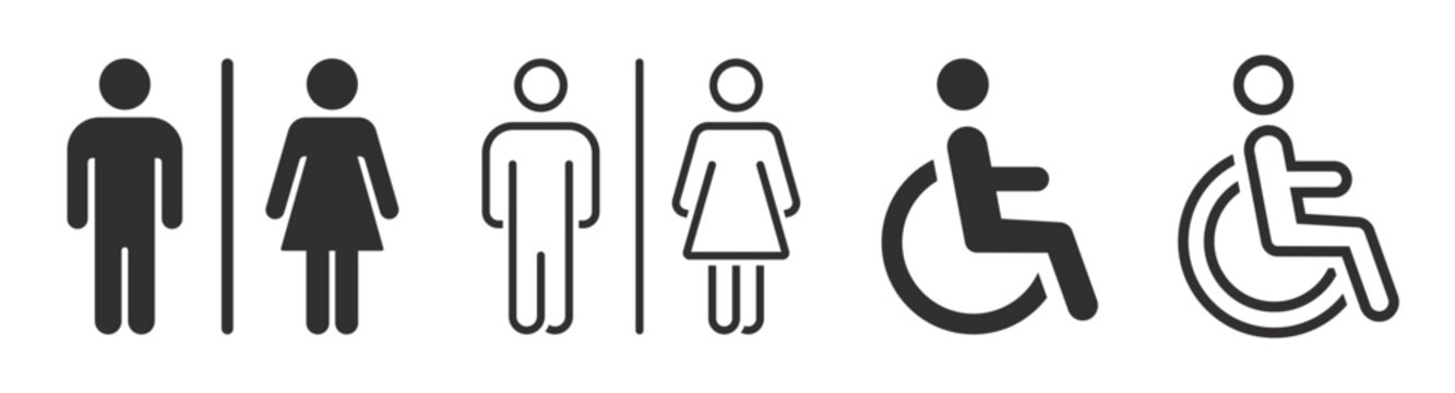 WC icon set. Wheelchair restroom, man and woman, toile, handicapped, accessible, impairment, mobility, handicap, disabled- stock vector.