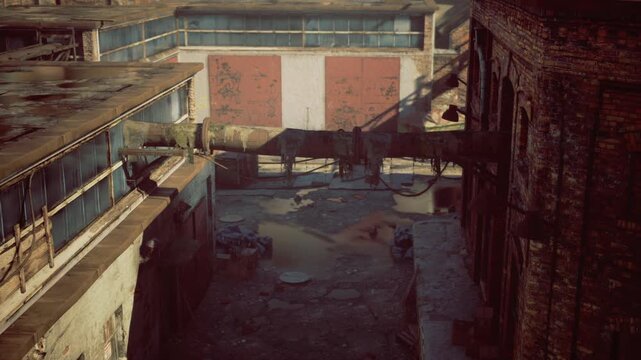 empty industrial courtyard framed by brick buildings and open ground, aerial perspective revealing worn pavement, scattered debris, loading doors and quiet