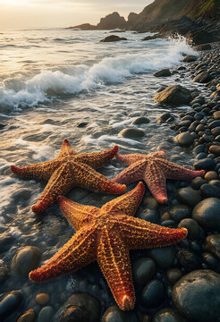Marine conservation and ocean biodiversity, three starfish on a rocky beach at sunset with gentle waves washing over the shore in a coastal landscape