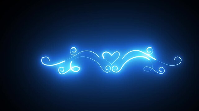 Glowing blue Neon Heart Frame with Decorative Flourish Animation on Black Background.4k motion graphics.
