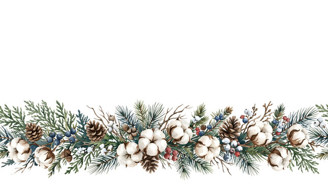 Watercolor winter botanical border with cedar twigs and pinecones on white