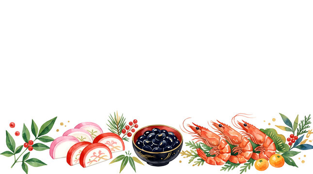 Watercolor Japanese New Year osechi food border on pure white background