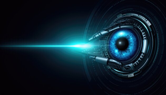 A futuristic robotic eye with a beam of light emitting from it.