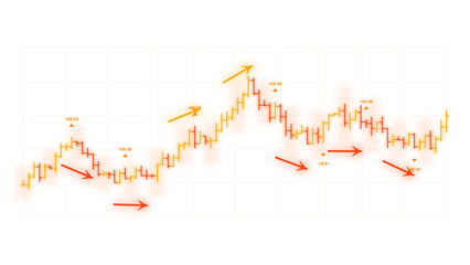 Fototapeta premium PNG image of Financial stock market chart with trend arrows, trading candlestick graph for investment analysis, forex rate movement visual concept isolated on Transparent Background isolated