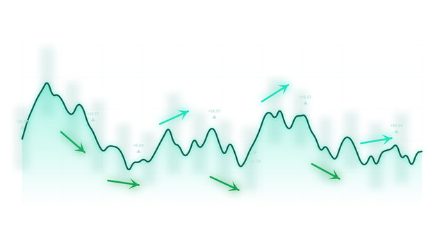 PNG image of Financial stock chart line display, green trading graph with trend arrows, market data analytics concept isolated on Transparent Background isolated