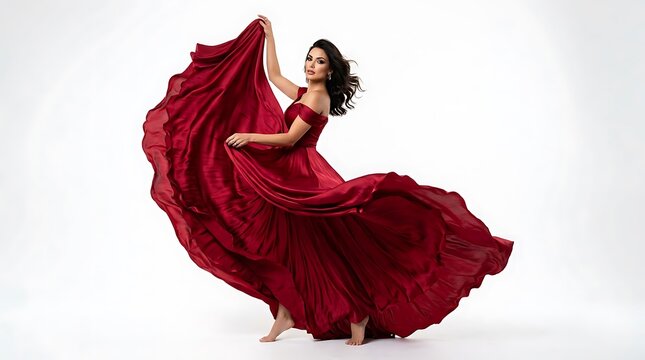Barefoot woman in a red off-the-shoulder gown lifting a billowing skirt overhead in a dramatic pose against a white background.