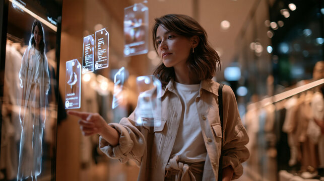 Woman Using Futuristic Interactive Display in Clothing Store