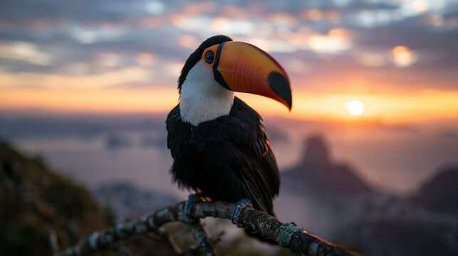 Toucan Perched on Branch Overlooking Rio de Janeiro at Sunset