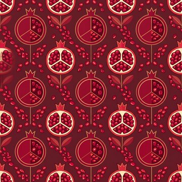 Seamless Pattern with Stylized Pomegranates and Seeds