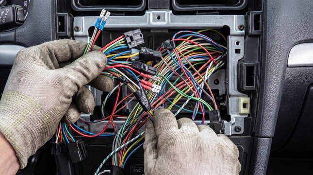 Auto Mechanic Repairing Car Dashboard Electrical Wiring