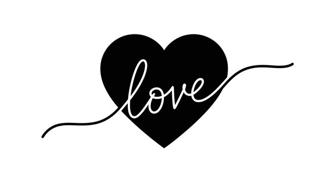 Stylized black heart icon with elegant handwritten script typography featuring the word 'love'. Minimalist romantic vector graphic element.