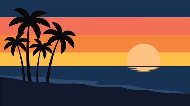 Minimalist tropical beach landscape vector illustration with palm tree silhouette sea ocean and sunset sky background design