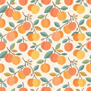 Peach Seamless Pattern with Leaves and Branches