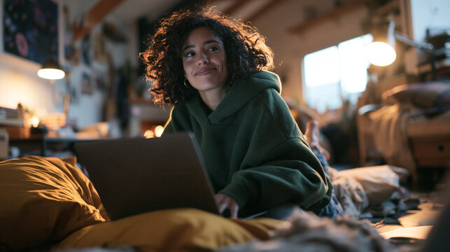 Young Woman Using Laptop Relaxing on Floor at Home