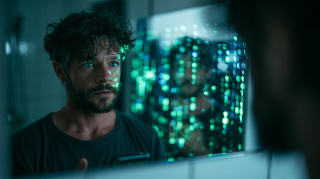 Man Looking into Digital Mirror with Green Matrix Code