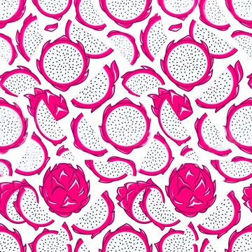 Dragon Fruit Seamless Pattern with Fresh Pitaya Slices