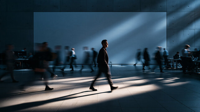 Businessman Walking in Modern Corporate Lobby with Motion Blur