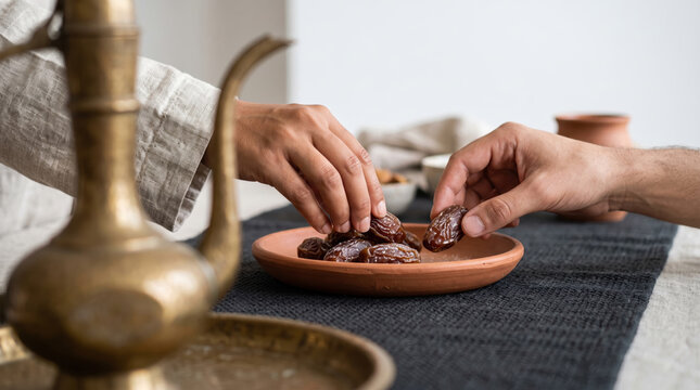 Two people taking sweet dried dates from a clay plate to break their fast during Ramadan, with a traditional teapot on the table