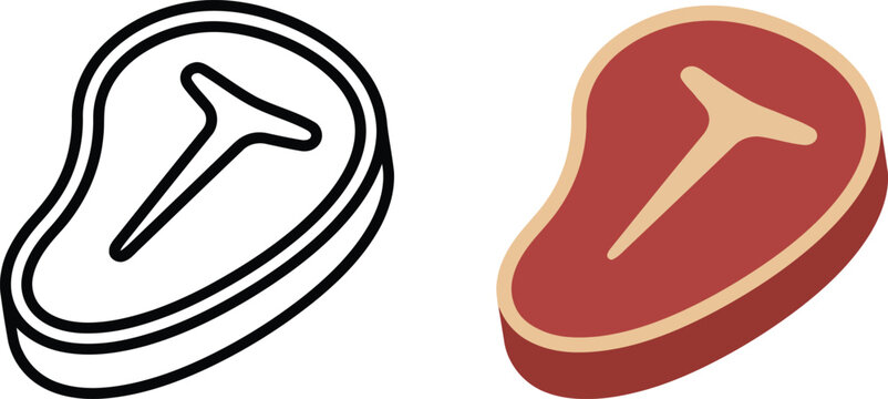 T-bone steak icon set featuring outline and flat design styles on white background