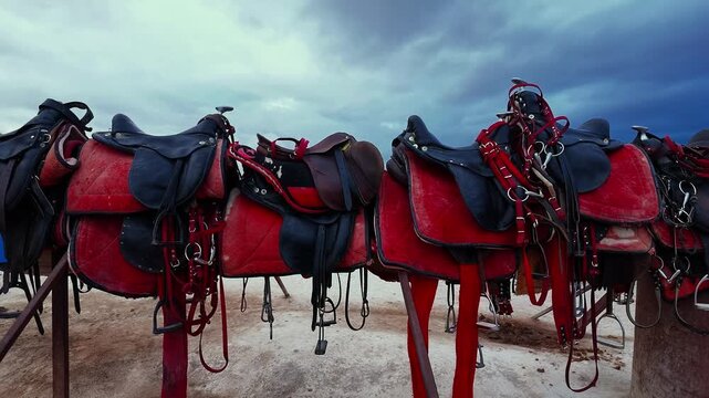 Row of red horse saddles on wooden rack under dramatic cloudy sky outdoors