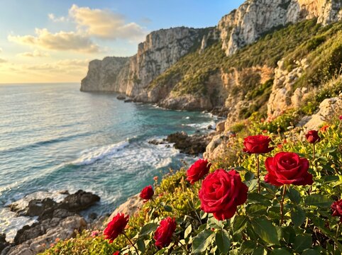 Vibrant red roses blooming on a rocky cliff overlooking turquoise ocean waters at sunset